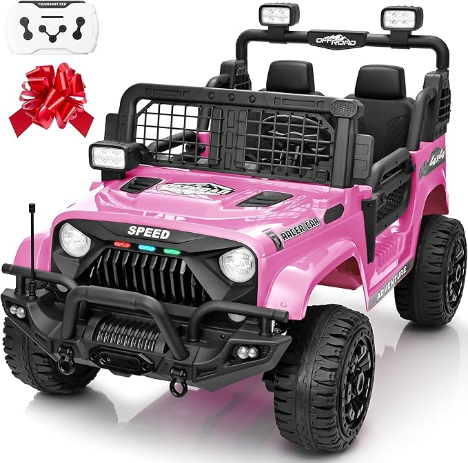 2 Seater Ride On Car Truck with Remote Control XL, Kids 24V Battery Powered Electric Vihicle w/21 in Seat, 3 Speeds, 2WD/4WD Switichable, Shock Absorbers,Bluetooth, Flower, Gift Choice-CubbioJoy