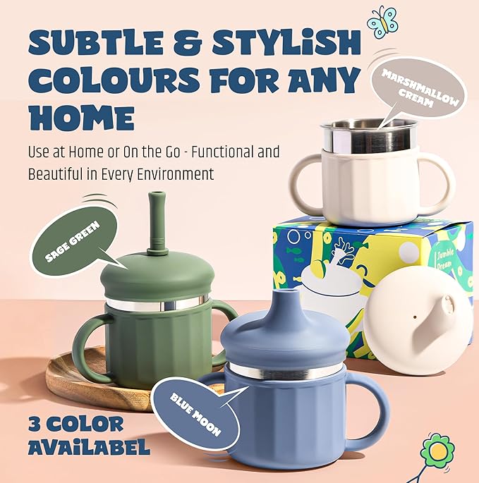 Jumble Dream Baby & Toddler Stainless Steel Sippy Cup Silicon Training Stainless Steel Kids Cups with Straw, Babies Tumbler with Straw No Spill | 6-24 Month Toddler Sippy Cup (Sage Breeze)-CubbioJoy