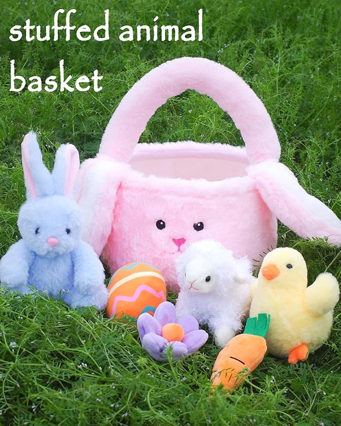 7 Piece Plush Stuffed Animals Playset Toys with Rabbit, Chick, Lamb, Carrot, Egg, Flower, Furry Bag, Soft Basket Set Toys for Girls Kids Ages 3+, Birthday Christmas Valentines Easter Party Favors-CubbioJoy
