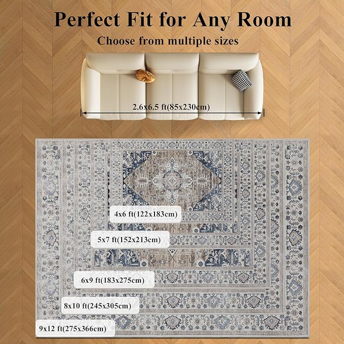 4x6 Washable Area Rug for Living Room, Carpet for Bedroom, Soft Faux Wool Retro Dining Room Rug, Non Slip&Non-Shedding Resistant Low Pile Vintage Print Rug for Home Office (Taupe/Blue)-CubbioJoy