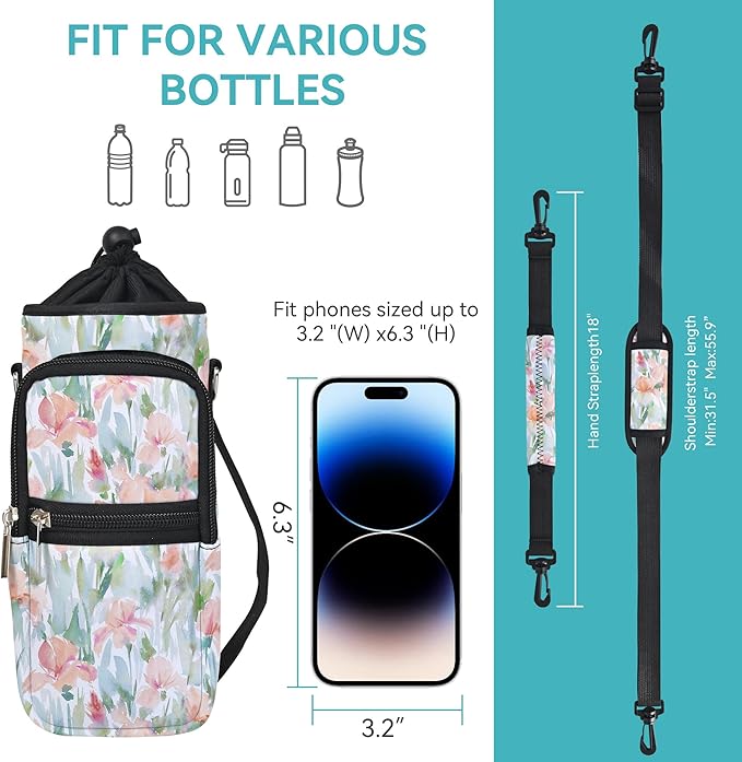 25/32/40/64oz Water Bottle Bag Holder Carrier-Insulated Crossbody Sling Case Sleeve with Strap & Pockets for Men Women Gym Cycling Travel Walking Hiking Camping-CubbioJoy