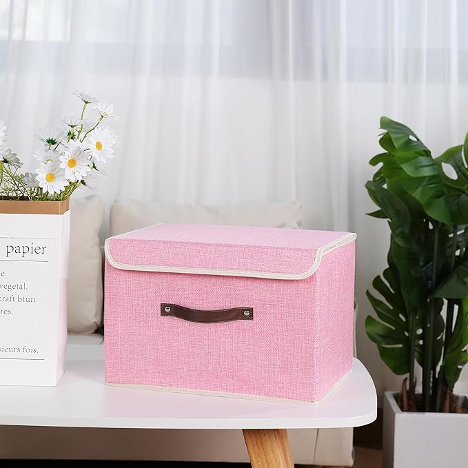 ANMINY Storage Bin with Lid Storage Boxes with PU Leather Handles PP Plastic Board Decorative Foldable Lidded Cotton Linen Fabric Home Cubes Baskets Closet Organizer Container - Pink, Large Size-CubbioJoy