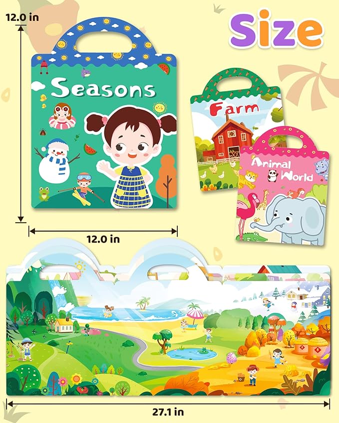 Benresive Reusable Sticker Books for Kids 2-4, Sticker Books for Toddlers 1-3 2-4, Toddler Travel Toys Activities Crafts Gifts - Farm, Animal and Season-CubbioJoy
