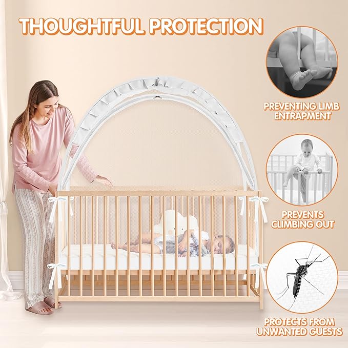 Crib Tent to Keep Baby from Climbing Out - Crib Net to Keep Baby in - Pop Up Breathable Cribs Cover - Canopy with Upgrade Strong Mesh and Durable Zipper (White, Lager)-CubbioJoy