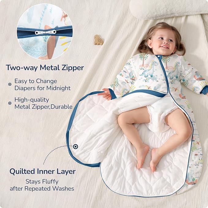 Baby Sleep Sack 3-6 Months, Cotton Detachable Long Sleeve Sleep Sack, 1.0 Tog Toddler Sleeping Sack with Temperature Strips, 2-Way Zipper Wearable Blankets for Newborns, Dinosaur-CubbioJoy