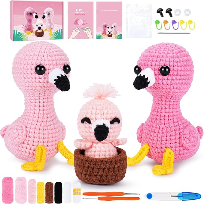 Crochet Kit for Beginners -Flamingo Family Crochet Kits with Step-by-Step Video Tutorials, Beginner Crochet Kit for Adults, Crochet Animal Kit for Kids, 3PCS Flamingo Crocheting Set(Pink)-CubbioJoy