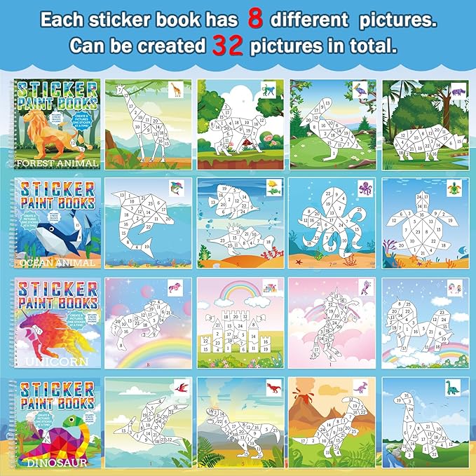 4 Pcs Paint by Sticker Books for Kids Ages 4-8 Sticker by Number Books Activity Book for Kids Ages 3-5 Sticker Puzzle Book Craft Art Toddler Girls Gift with Dinosaur Unicorn Ocean Animal 32 Pictures-CubbioJoy
