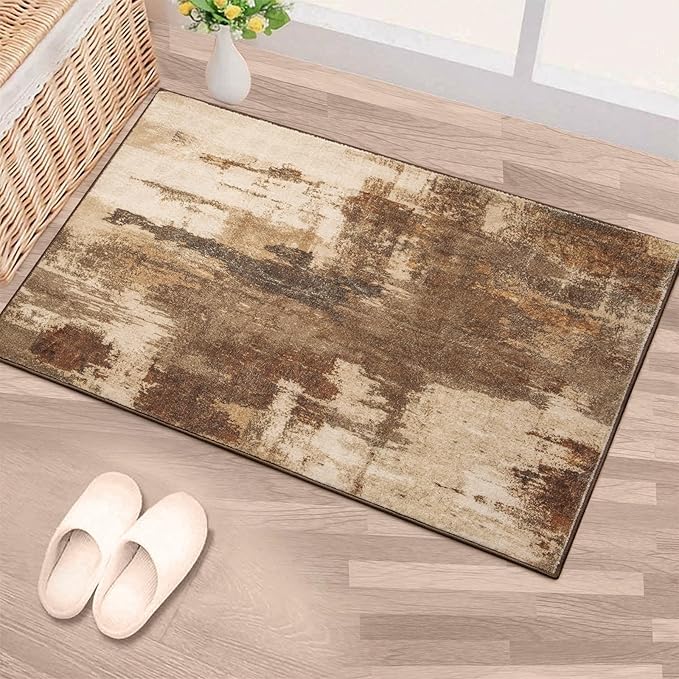 Kelarea 2x3 Brown Entryway Rug, Washable Abstract Small Rugs Non-Slip Low Pile Throw Rugs for Kitchen Floor, Front Door, Bedroom Bedside-CubbioJoy
