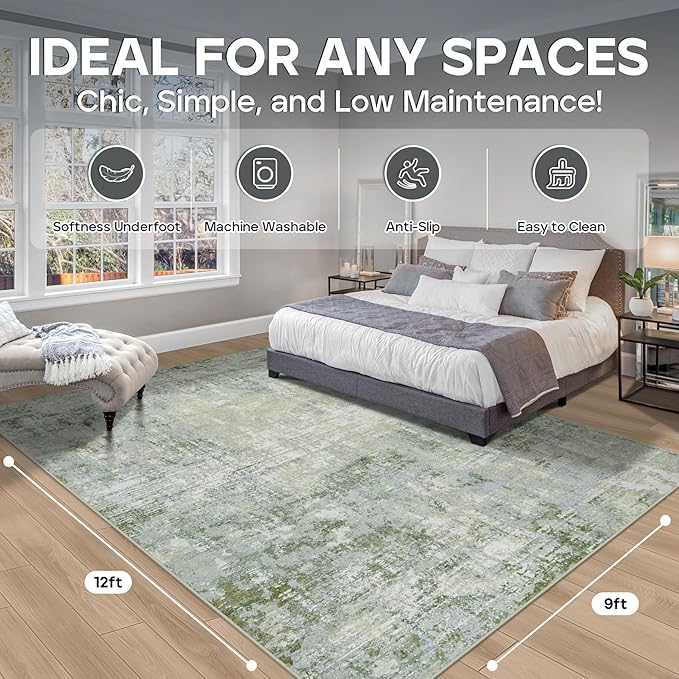 9x12 Area Rugs for Living Room Rug Washable: Modern Large Rug for Dining Room Bedroom Carpet Non Slip 9 by 12 Indoor Abstract Nursery Home Office Green-CubbioJoy