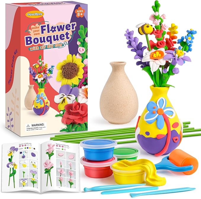 Drama Planet Flower Craft Kit for Kids, Make Your Own Flower Bouquet with Air Dry Clay, Arrange Clay Flowers & Create Personalized Art, Great Gifts for Girls-CubbioJoy