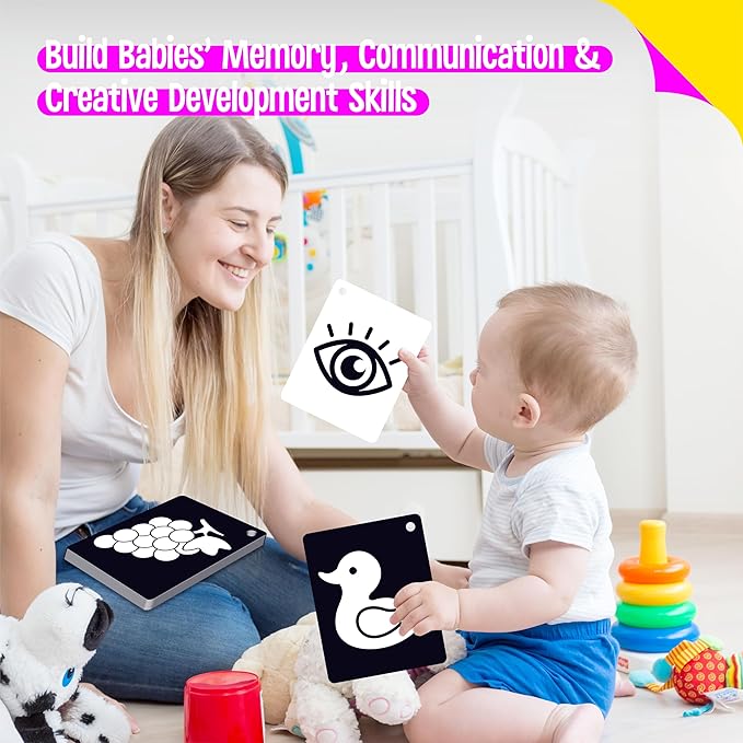 50PCS High Contrast Baby Flashcards, 100 Pages Black & White Visual Stimulus Flash Cards, Brain Development Cards Set Montessori Sensory Toys for Infants Newborn Boy Girl Baby Tummy Time (0-3 Months)-CubbioJoy