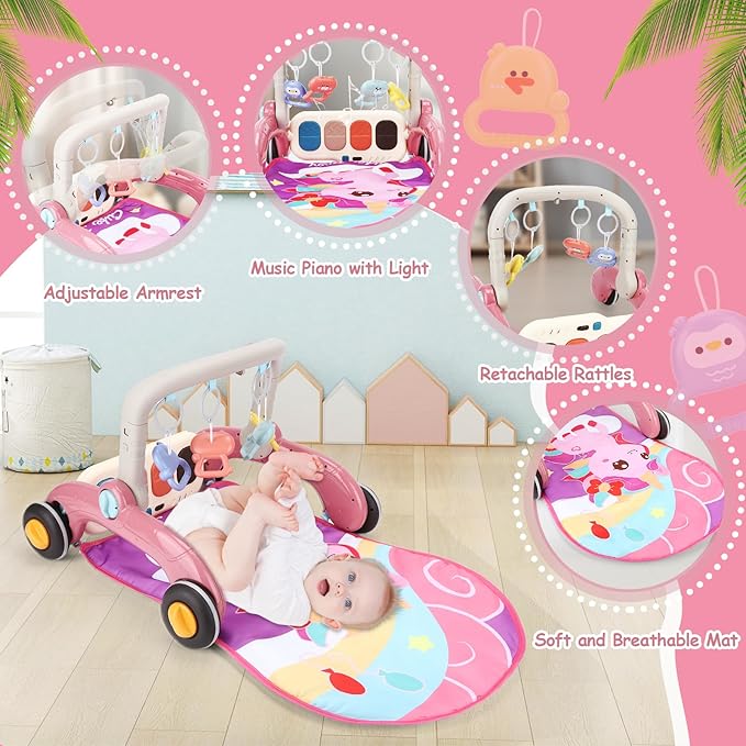 Baby Play Gym Walker Kick and Play Piano Gym for Boys Girls Play Mat Musical Tummy Time Mat Infant Christmas Newborn Gifts Toddlers (Pink)-CubbioJoy