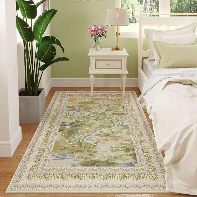 3x5 Washable Rug Impressionist-Style Vintage Non Slip Low Pile Small Carpet for Bedroom Bedside Kitchen Entryway Kids Room Office College Dorm Essentials for Girls, Beige-CubbioJoy