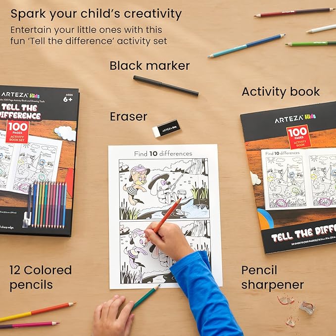 Arteza Kids Activity Book, Spot The Difference Book, Back to School Supplies for Ages 6 and Up, 50 Sheets, 12 Double-Ended Colored Pencils, Black Marker, Eraser, Sharpener-CubbioJoy