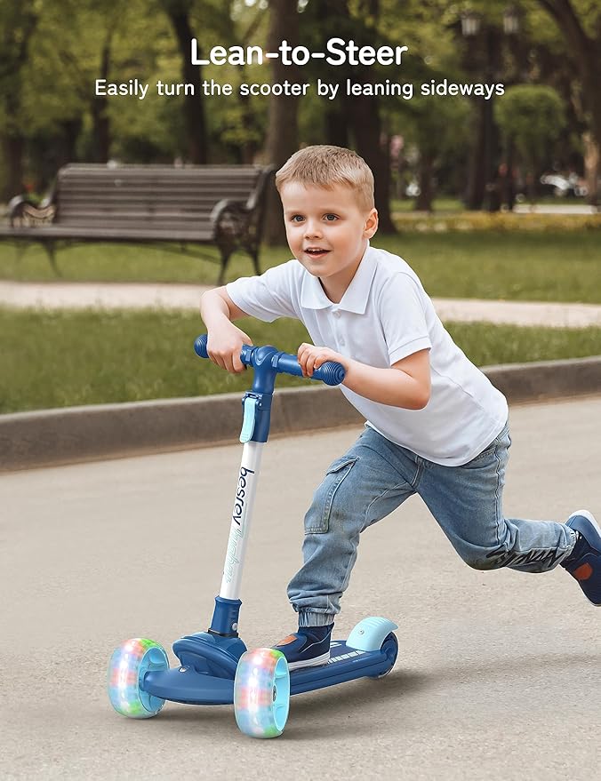 Besrey Kick Scooter for Kids Ages 3-10, 3-Wheel Folding Scooter with Adjustable Height, LED Light Wheels, Extra Wide Deck for Outdoor Activities-CubbioJoy