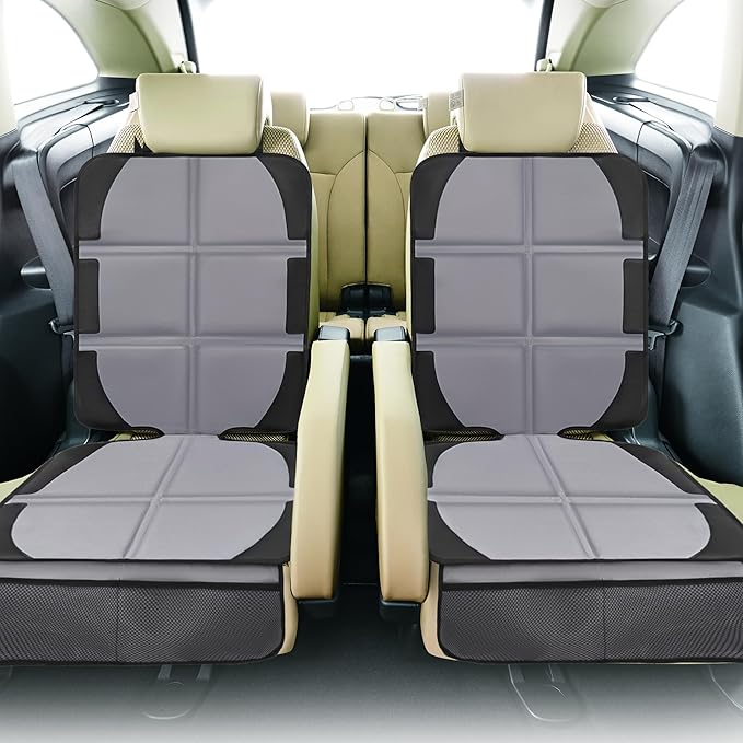 Car Seat Protector, 2 Pack Baby CarSeat Covers with Mesh Pockets & Non-Slip Backing 600D Durable Seat Protectors Under Car Seat for Baby(Gray, Large)-CubbioJoy