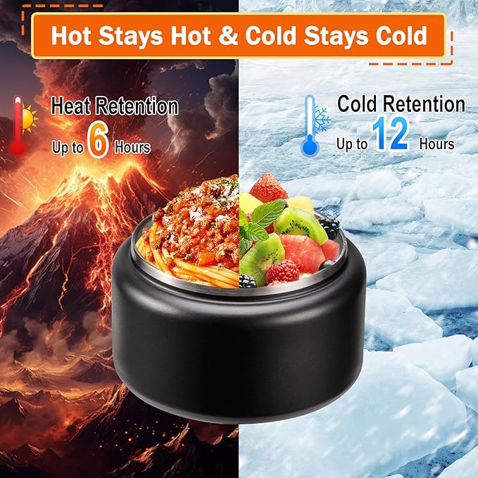 13.5oz Kids Jar for Hot Food, Insulated Vacuum Food Jar with Buckle Lid, Stainless Steel Wide Mouth Leak Proof Insulated Lunch Container for School Picnic Travel, Black-CubbioJoy