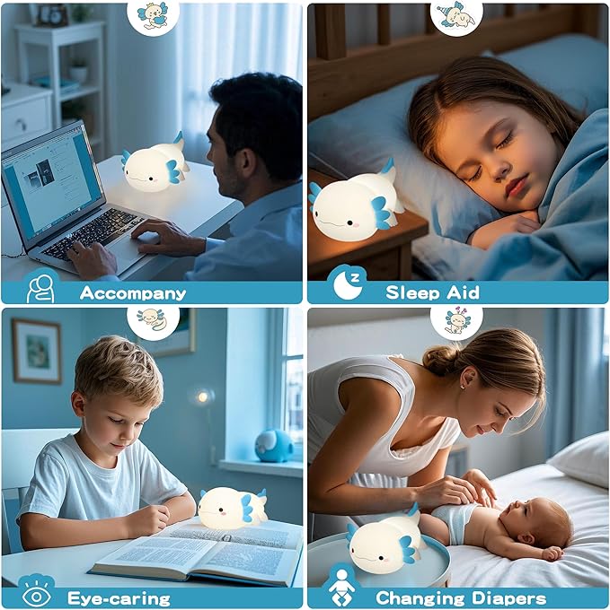 Axolotl Night Light,Cute Axolotl Lamp,Food Grade Silicone Nursery Nightlight,Rechargeable/Dimmable LED Squishy Novelty Animal Bedside Touch Lamp,Baby Room Decor, Axolotl Gifts for Kids/Boys-CubbioJoy