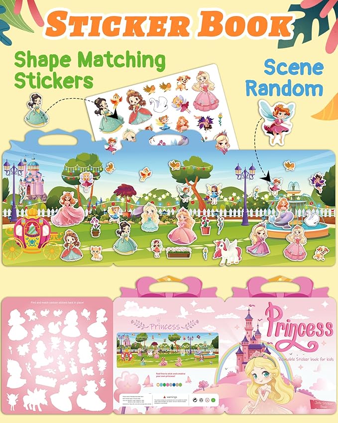 Benresive Reusable Sticker Book for Toddlers 2-4 Years, Fun Travel Stickers for Kids, Waterproof Sticker Books for Toddlers 1-3, Crafts Activities for Todddlers 1-3 2-4 3-5 - Princess-CubbioJoy
