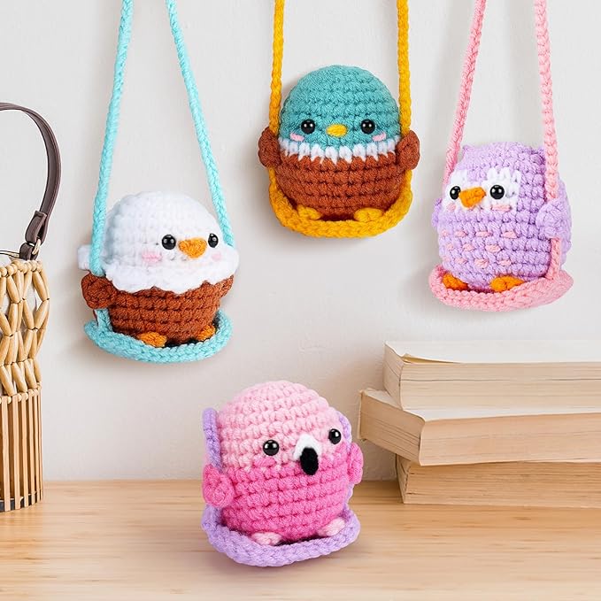 Crochet Kit for Beginners -4 PCS Bird Crochet Kits with Step-by-Step Video Tutorials, Beginner Crochet Kit for Adults and Kids, Crochet Birds On The Swings(Mallard Bald Eagle Flamingo Owl)-CubbioJoy