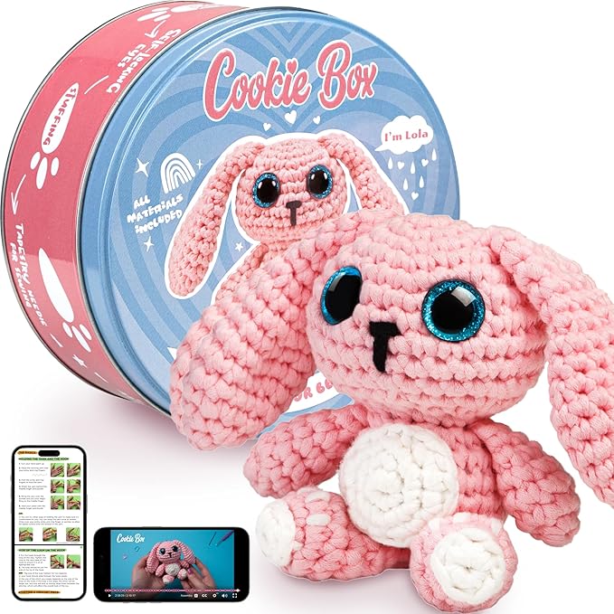 Cookie Box Crochet Kit for Beginners - Learn to Craft Amigurumi Stuffed Animals - Knitting Gift for Kids and Adults - Beginner-Friendly Yarn - Stitch-by-Stitch Video Tutorial - Bunny Lola-CubbioJoy