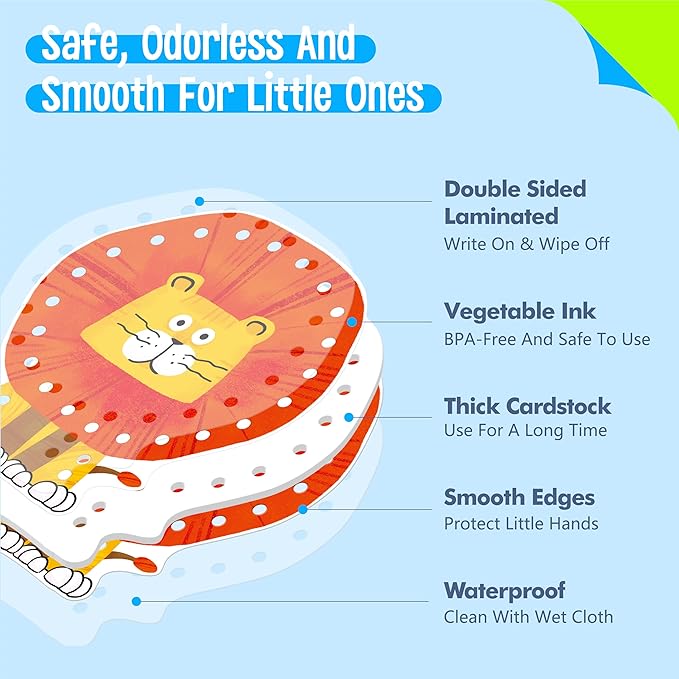 9 Pieces Lacing Cards, Double Sided Sewing Cards in 9 Jungle Animals with 9 Colorful Laces, Imagination Development Lacing Toys Games Educational and Learning Activity for Preschoolers, Kids-CubbioJoy