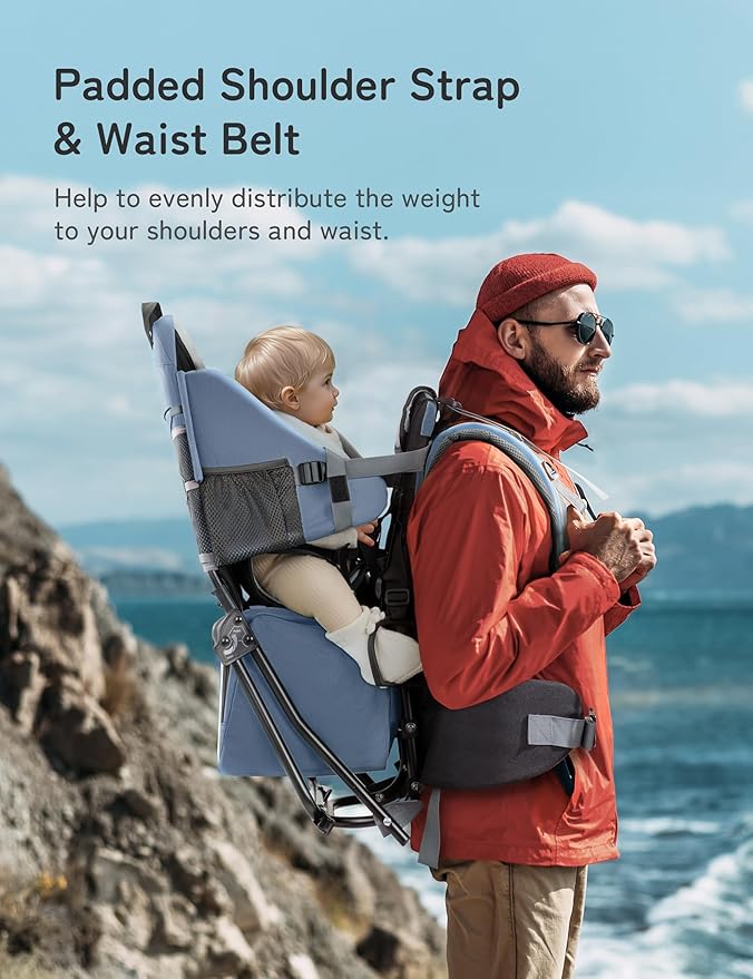 besrey Baby Backpack Carrier, Toddler Hiking Backpack with Safety 3-Height Seat, Adjustable Straps&Waist Belt, Foldable Frame Lightweight Large Capacity Child Carrier for Hiking (Haze Blue)-CubbioJoy