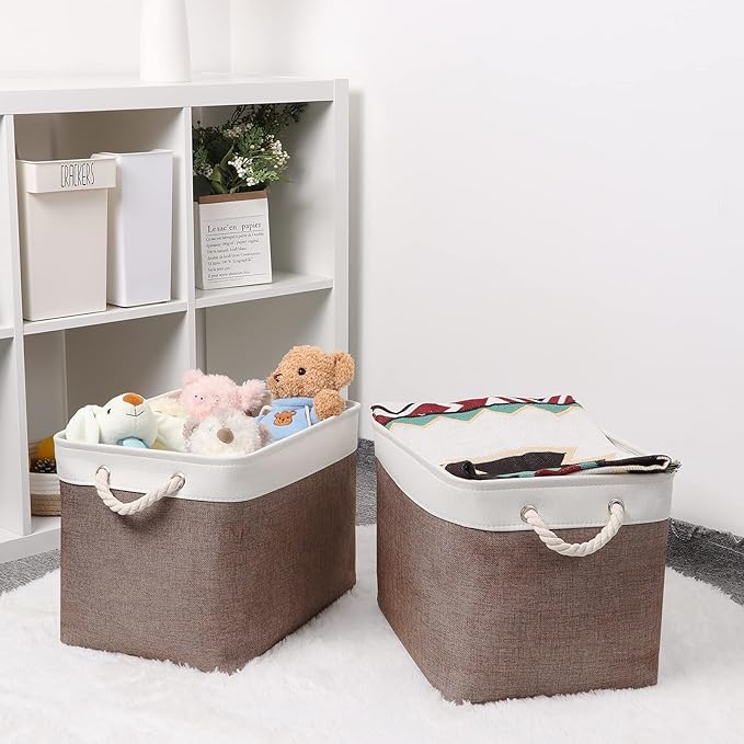 Bidtakay Large Storage Baskets with Handles for Organizing 16" x 11.8" x 11.8" Rustic Shelf Baskets [2-Pack] Foldable Clothes Baskets Fabric Collapsible Bins for Closet (White&Earthy Brown)-CubbioJoy