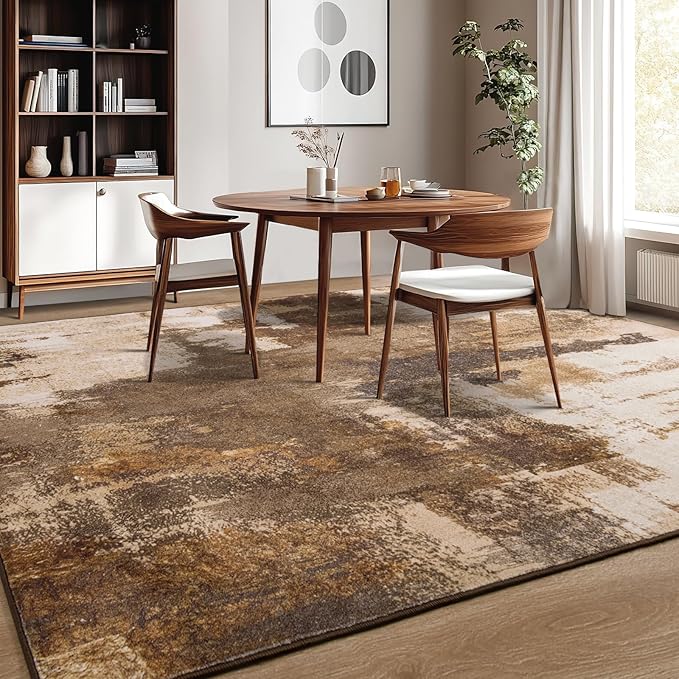 Kelarea Living Room Rug, 8x10 Rug Modern Abstract Washable Rugs Brown Faux Wool Vintage Carpet, Non Slip Rugs for Bedroom, Dining Room, College Dorm, Kids Playroom, Home Office-CubbioJoy