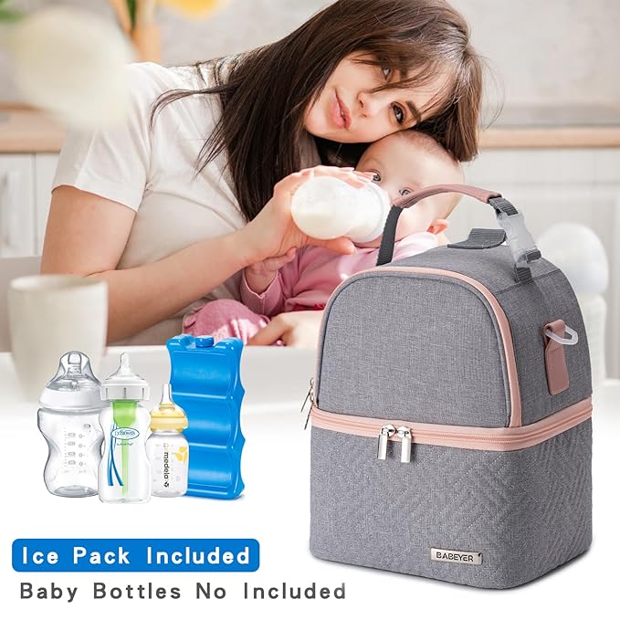 Breastmilk Cooler Bag with Ice Pack Fits 6 Baby Bottles up to 9 Ounce, Breast Milk Pump Cooler Bag with Shoulder Strap for Nursing Mom Daycare, Work, Travel- Grey-CubbioJoy