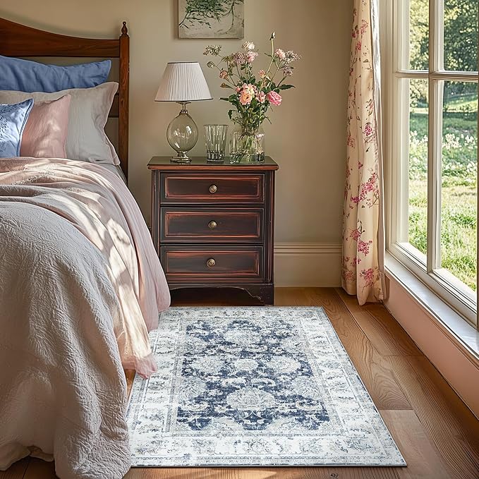 jinchan Floral 3x5 Area Rugs for Entryway - Machine Washable Taupe Vintage Distressed Design Doormat Non-Slip Ultra-Thin Low Pile Boho Rug for Kitchen Living Room Bedroom Farmhouse (3‘x5',Dark Blue)-CubbioJoy