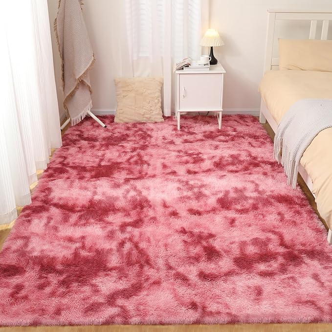 Area Rugs 9x12, Fluffy Rugs for Living Room, Ultra Soft Rugs for Bedroom, Non-Slip Indoor Carpet for Nursery, Kids Room, Playroom, Home Decor, Tie-Dyed Dark Pink-CubbioJoy