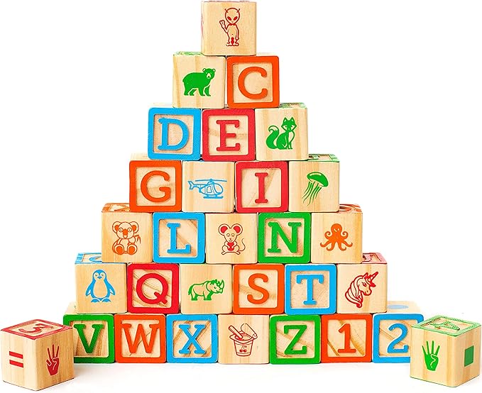 Building Blocks for Toddlers 1-3 Years Old, 30 Large Stackable Wooden Baby Blocks with Alphabet and Number Icons on Every Side, Toy Wagon Included﻿-CubbioJoy