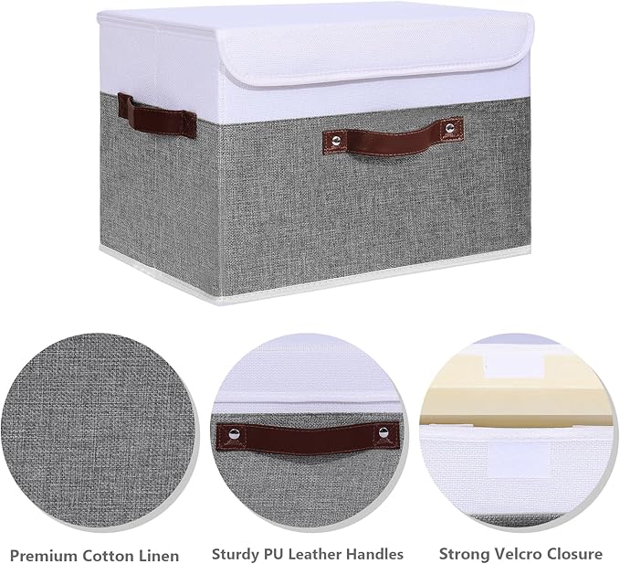 ANMINY 4PCS Storage Boxes with Lid Washable Decorative Storage Bins Basket with PU Leather Handle Foldable Linen Fabric Storage Cubes Containers for Home Closet Organizer - Gray White, Large Size-CubbioJoy