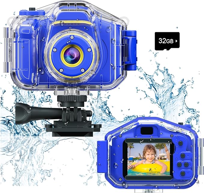 Agoigo Kids Waterproof Camera - Children Underwater HD Video Digital Camcorder, Portable Travel Toy for Toddler - Ideal Christmas Birthday Gifts for Boys Girls Age 3-12 with 32GB Card (Dark Blue)-CubbioJoy