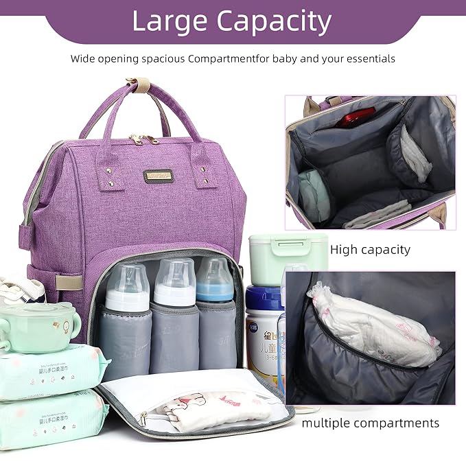 Diaper Bag Backpack, Diaper Bags for Baby Girls Boys, Baby Bags for Moms Dads, Nappy Changing Bag with Insulated Pockets,Multi-functional Waterproof Backpack with Stroller straps-Purple-CubbioJoy