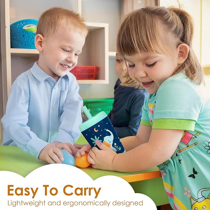 Kid Insulated Stainless Steel Tumbler with Silicone Straw, 12oz Sippy Cup for Kids (Dreamy Elephant)-CubbioJoy