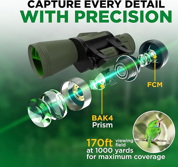 Binoculars with Phone Bracket Adapter, Militar, 20x50, Adults, High Power Waterproof with Low Light Night Vision for Hunting, Travel, Games, Bird, Carrying Case Strap.-CubbioJoy