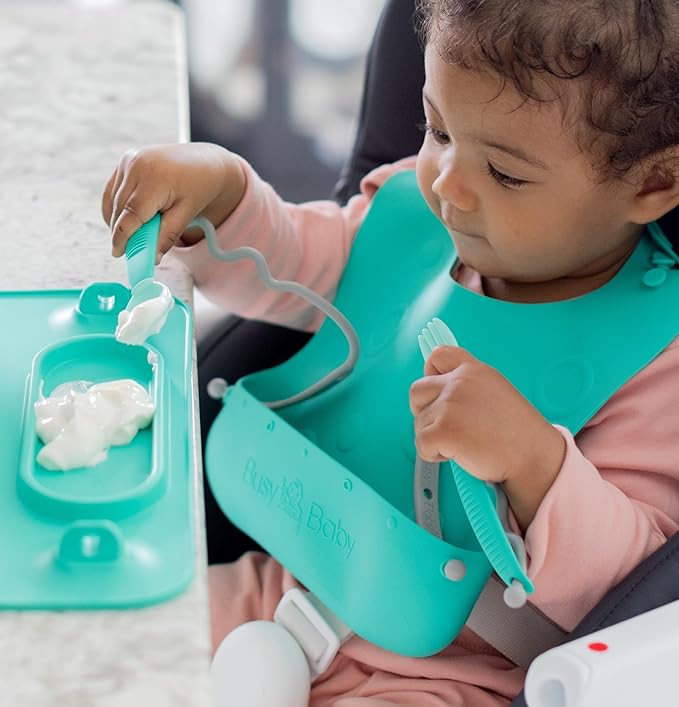 BUSY BABY Bungee Bib & Utensil Set – Adjustable Silicone Bib with Pocket & Tethered Utensils for Babies & Toddlers-CubbioJoy