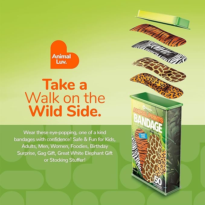 BioSwiss Bandages, Animal Print Shaped Self Adhesive Bandage, Latex Free Sterile Wound Care, 50 Count-CubbioJoy