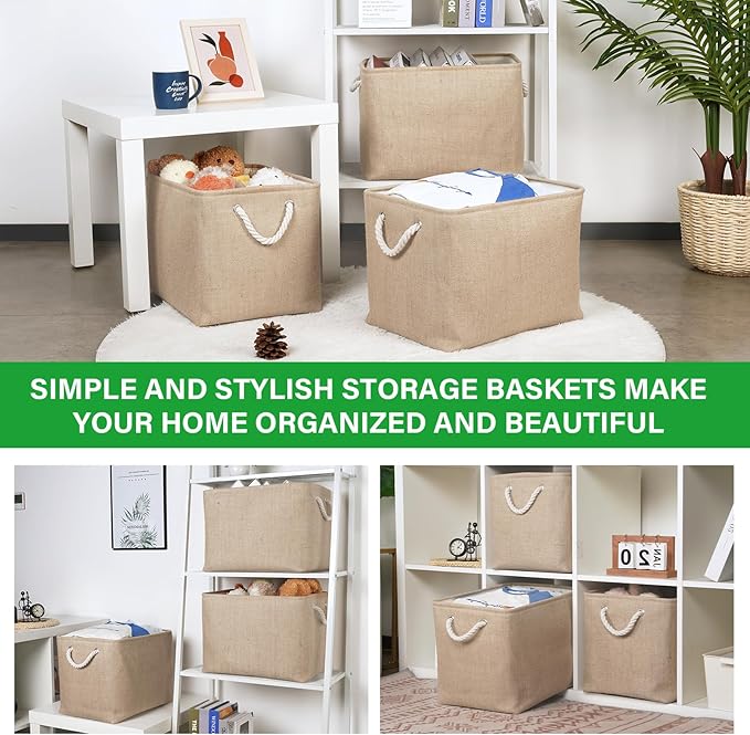 Bidtakay Fabric Storage Baskets for Shelves 3 Pack Large Storage Bins for Organizing Linen Collapsible Organizer for Closet-Flaxen-CubbioJoy