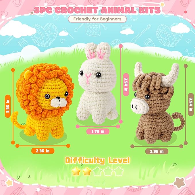 Crochet Kit for Beginners, Amigurumi Crochet Animal Kits, Crocheting Kit for Starters Adult Kids with Step-by-Step Video Tutorials, Animal Kits with Highland Cow, Lion, Bunny-CubbioJoy