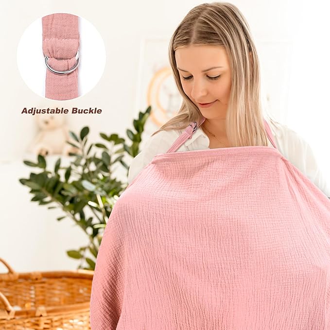 2 Pack Muslin Cotton Nursing Cover for Breastfeeding, Privacy Breathable Breastfeeding Cover Cover up with Arch Neckline for Mom, 100% Cotton Nursing Apron, Floral and Pink-CubbioJoy