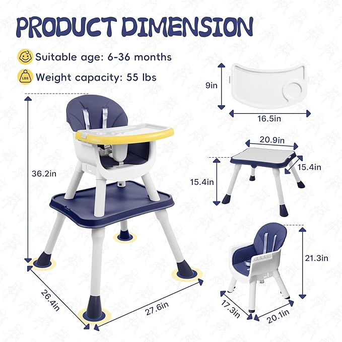 4 in 1 Baby High Chair, Toddler Chair with Removable Tray, Convertible High Chairs for Babies and Toddlers, Kids Learning Table, Building Block Table, Dining Booster Seat with Safety Harness, Blue-CubbioJoy