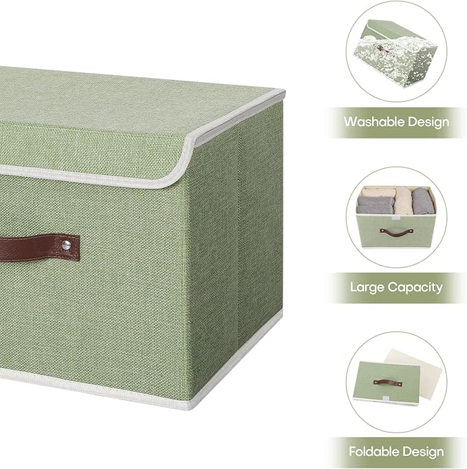 ANMINY 4PCS Storage Bins with Lid PU Leather Handles Storage Boxes PP Plastic Board Decorative Foldable Lidded Cotton Linen Fabric Home Cubes Baskets Closet Organizer Containers - Green, Large Size-CubbioJoy