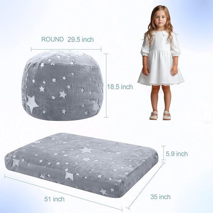 COMAX Kids Bean Bag Chair Turn into Beanbag Bed, Unicorn Toddler Bean Chair for Girl Boy Sleeping, Lazy Children Sofa Couch with Filler, Convertible Child Floor Mattress, Glowing Grey Star-CubbioJoy