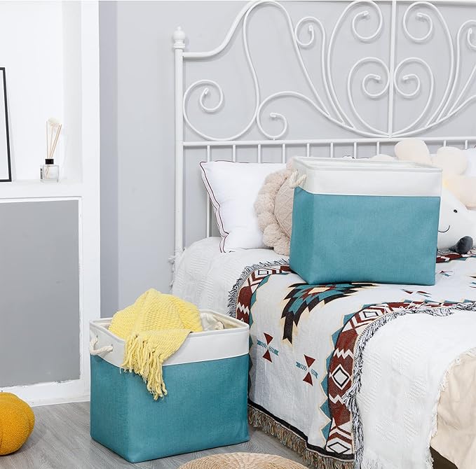 Bidtakay Storage Baskets Extra Large 17x12x15 In Teal Blue Nursery Toy Baskets Fabric Long Shelf Baskets for Organizing Set of 2 Linen Closet Bins for Shelves Decorative Blanket Basket Living Room-CubbioJoy