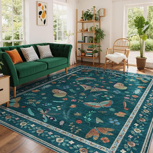 8x10 Area Rugs with Insect Print - Bug Rug Non-Shedding Stain Resistant Soft Carpet for Bedroom, Low Pile Ultra-Thin Machine Washable Carpet for Dining Room, Kids Nursery, Office (8'x10' Teal)-CubbioJoy
