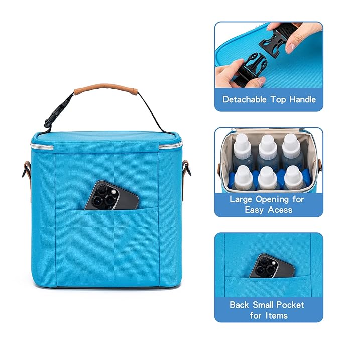 Breastmilk Cooler Bag with Ice Pack Fits 6 Baby Bottles Up to 9 Ounce, Baby Bottle Bag with Shoulder Strap for Nursing Mom Daycare, Blue-CubbioJoy