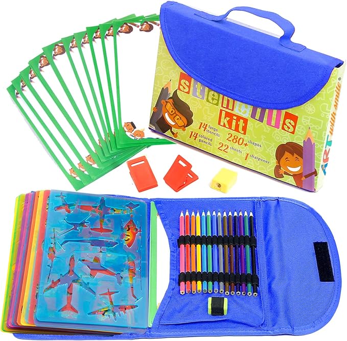 Drawing Stencils Set for Kids (55 Piece) - Arts and Crafts Set for Girls & Boys - Christmas & Birthday Gifts for Kids 4 5 6 7 8 9+ Year Old - Ideal Creativity Kit & Travel Activity with 300+ Shapes-CubbioJoy